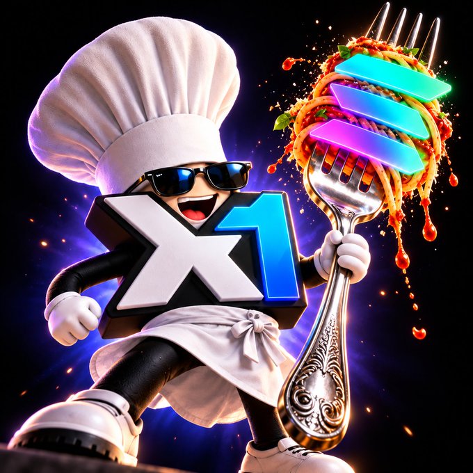 A 3D mascot character wearing a chef's hat, sunglasses, and apron holds a giant fork twirled with spaghetti, with 'X1' displayed on its chest.