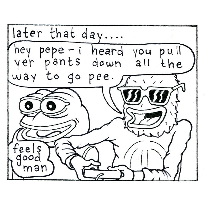 A hand-drawn comic captioned 'later that day....' featuring a frog (Pepe) being spoken to by a bearded figure in sunglasses saying 'hey pepe - i heard you pull yer pants down all the way to go pee.' Pepe replies 'feels good man'.