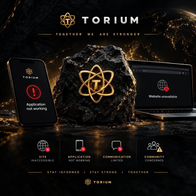 Marketing graphic for 'TORIUM' with the tagline 'TOGETHER WE ARE STRONGER', showing warning indicators for 'Site Inaccessible', 'Application Not Working', 'Communication Limited', and 'Community Concerned'.