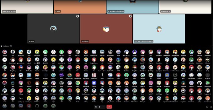 A desktop view of the 'Inner Igloo Meeting' voice chat with speaker tiles at the top and a large audience of 180 participants shown in circular avatars below.