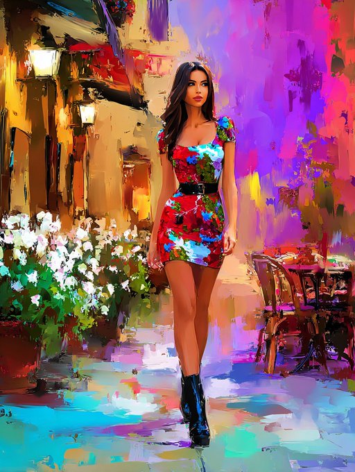 A vibrant, impressionistic oil painting of a woman in a short, colorful floral dress with a black belt and ankle boots, standing in a warmly lit street scene with white flowers and a cafe table nearby.