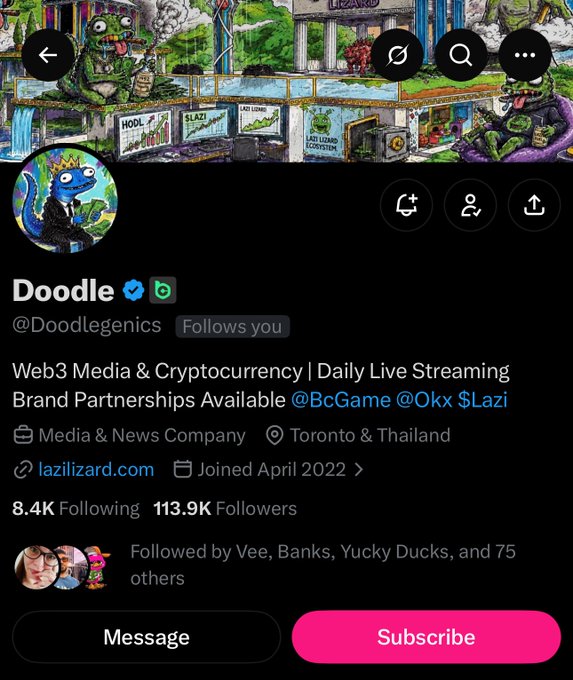 A screenshot of the Twitter/X profile for "Doodle" (@Doodlegenics), a Web3 Media & Cryptocurrency account with 113.9K followers, advertising exclusive crypto benefits like NFT airdrops, trade notifications, and meme coin alerts to subscribers starting September 1st. The vibrant banner features lizard artwork branded with "Lazi Lizard" and "$Lazi" ticker references, tying into the post's pitch for a premium crypto community.