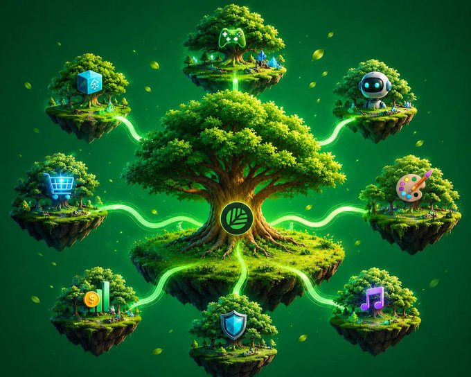 A central lush tree with a glowing green canopy serves as the hub, connected by radiant green energy lines to eight surrounding floating islands, each representing different applications (gaming controller, AI robot, shopping cart, artist's palette, music note, shield, currency, and cube), symbolizing how @CNPYNetwork's layerless architecture unites diverse apps directly through a single interconnected ecosystem rather than stacking them in L1→L2→L3 chains.
