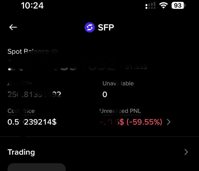 A mobile app screenshot showing an SFP (SafePal) token portfolio with a Spot Balance, Available 250.81391692, Cost Price 0.5$239214$, displaying an Unrealized PNL of -59.55%.
