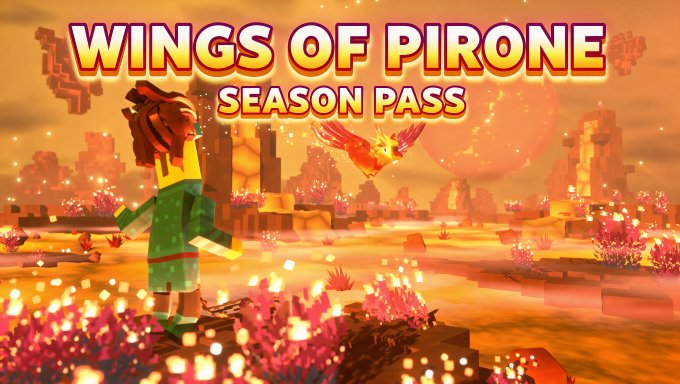 A Minecraft-style promotional image titled 'WINGS OF PIRONE SEASON PASS' showing a blocky character in a fiery, orange-hued pixelated landscape with a bird creature in the sky.