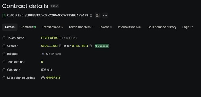 A blockchain contract details page for FLYBLOCKS token showing a creator at address 0x26...2a98, balance of 0 ETH, 5 transactions, and 508,013 gas used.