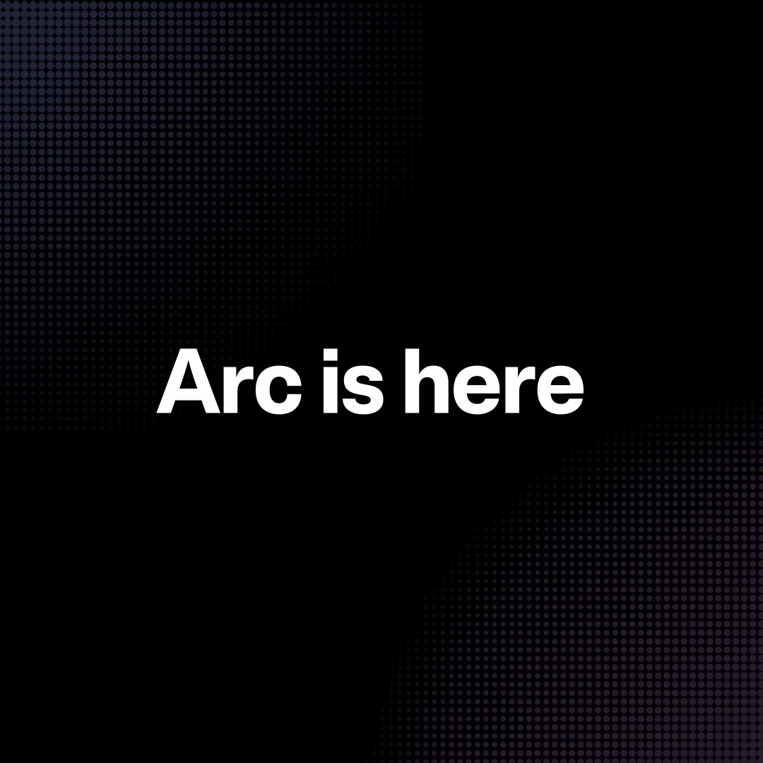The image features a sleek black background with a subtle dotted gradient pattern and bold white text in the center reading "Arc is here," serving as an announcement graphic. It visually reinforces the post's message about the launch of Arc, highlighting the availability of USDC on the new platform with Ledger-secured wallet support from day one.