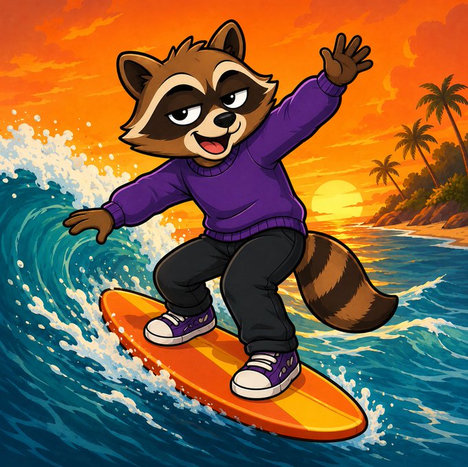 A cartoon illustration of a raccoon wearing a purple sweater and purple sneakers surfing on an orange surfboard at sunset, with palm trees on the shore and orange clouds in the background.