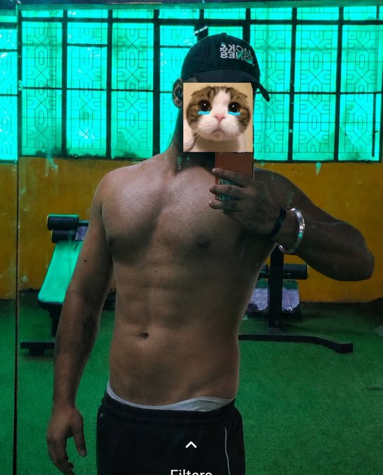 A shirtless muscular man wearing a backwards cap takes a mirror selfie in a gym, with a cat filter covering his face.