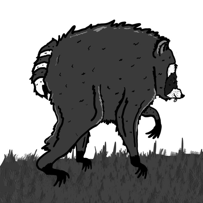 A sketch-style drawing of a hulking, dark-furred beast with a striped arm carrying a smaller white creature, standing in tall grass.