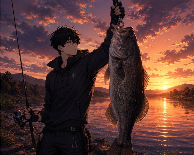 An anime-style fisherman triumphantly holds up a large bass at sunset, gripping his rod in one hand and the fish in the other against a vivid orange sky. The image evokes the post's theme of "casting a line" into new territory, with the fisherman as a metaphor for Quip Network's exploration—pulling valuable results from vast waters through patient, coordinated effort rather than relying on blockchain alone.