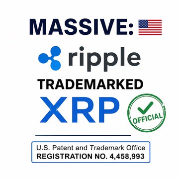 A graphic highlights that $XRP (Ripple) was officially trademarked and registered with the U.S. Patent and Trademark Office under Registration No. 4,458,993, aligning with the post's claim that Ripple secured legal protection for the XRP name in financial services back in 2013.