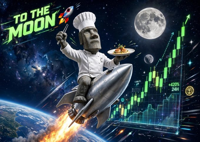 Meme image showing a Moai chef riding a rocket into space with text 'TO THE MOON', alongside a stock chart showing +420% in 24H and the moon in the background.