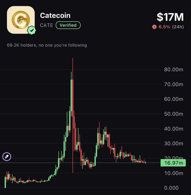 A screenshot of Catecoin's ($CATE) price chart showing a market cap of $17M with a 6.5% decline over 24 hours, 69.2K holders, and a current price of 16.97m, illustrating the spelling of the ticker as emphasized in the post.