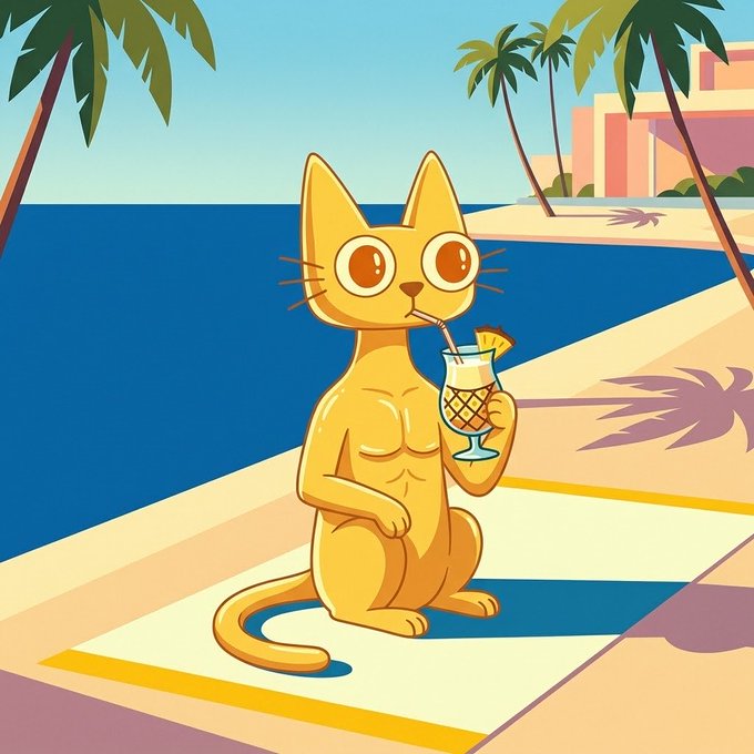A cartoon illustration of an orange cat drinking a tropical beverage on a beach mat.