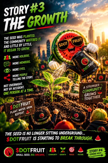 A promotional graphic titled 'STORY #3 THE GROWTH' for '$DOTFRUIT', depicting a watermelon character watering a sprout in soil with a '$DOTFRUIT' watering can, emphasizing community growth with text like 'SMALL SEED. BIG DREAMS.'
