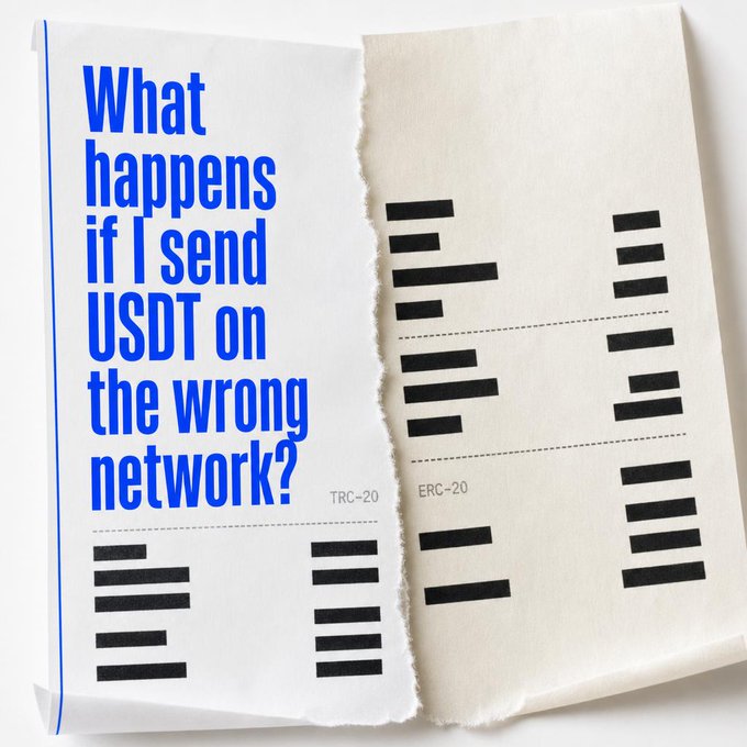The image shows a torn paper booklet design with bold blue text asking "What happens if I send USDT on the wrong network?" alongside black bar graphics representing blockchain addresses, with labels "TRC-20" and "ERC-20" visible below—visually emphasizing the address format confusion the post warns about, particularly that TRC-20 addresses start with "T."
