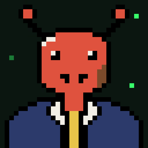 A pixel art illustration of a red alien with antennas wearing a blue suit jacket and yellow tie against a dark background with small green squares.