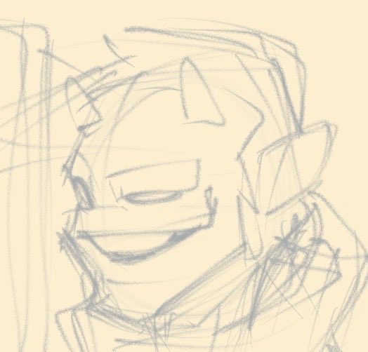 A rough pencil sketch of a character with messy hair, closed eyes, and a simple smiling expression on a yellow background.
