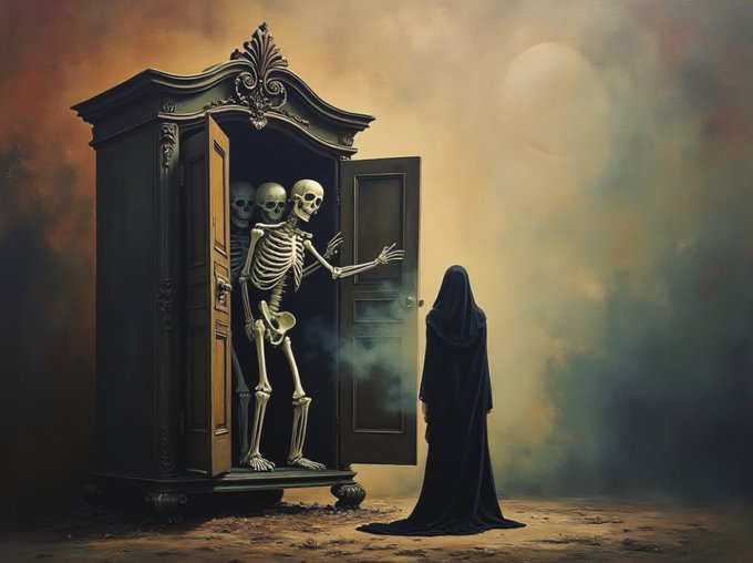A digital painting of a grim reaper figure in a black hooded cloak standing before an ornate wardrobe, from which a skeleton emerges, surrounded by swirling mist.