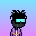 A black, stylized pixel-art character with glowing cyan glasses and spiked hair stands against a blue-to-pink gradient background, matching the aesthetic of the referenced Lilbangers NFT collection.