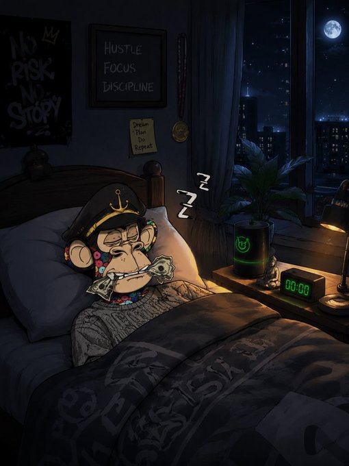 An illustrated cartoon NFT-style artwork showing a monkey character wearing a captain's hat sleeping in bed with money in its mouth, surrounded by 'HUSTLE FOCUS DISCIPLINE' motivational text, a 'No Risk No Story' poster, and a digital clock showing 00:00.