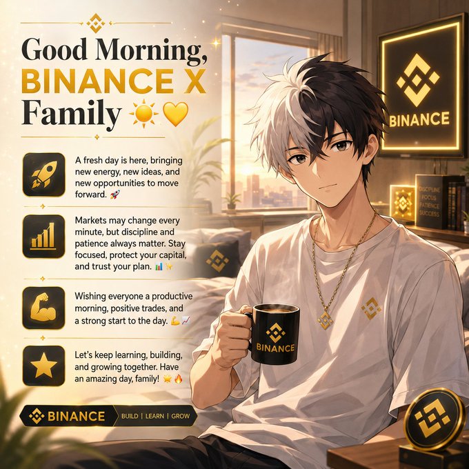 A Binance-branded 'Good Morning, Finance Family' motivational graphic featuring an anime-style character holding a Binance mug, with tips about markets, discipline, trading, and learning.