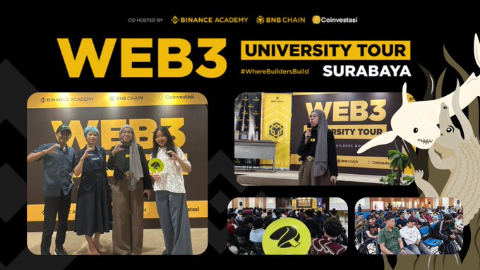 The image is a collage promoting the "Web3 University Tour" in Surabaya, co-hosted by Binance Academy, BNB Chain, and Coinvestasi, showing event photos including speakers on stage and engaged attendees in the audience. This ties into the post as it captures the educational and community-driven atmosphere of the Binance Academy event, highlighting the audience's enthusiastic participation during the Web3 session.