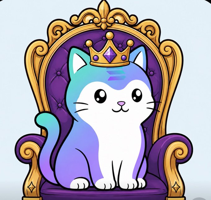 A digital illustration of a cute, stylized cat with white and purple-to-teal gradient fur, wearing a gold crown and sitting on an ornate purple and gold throne.