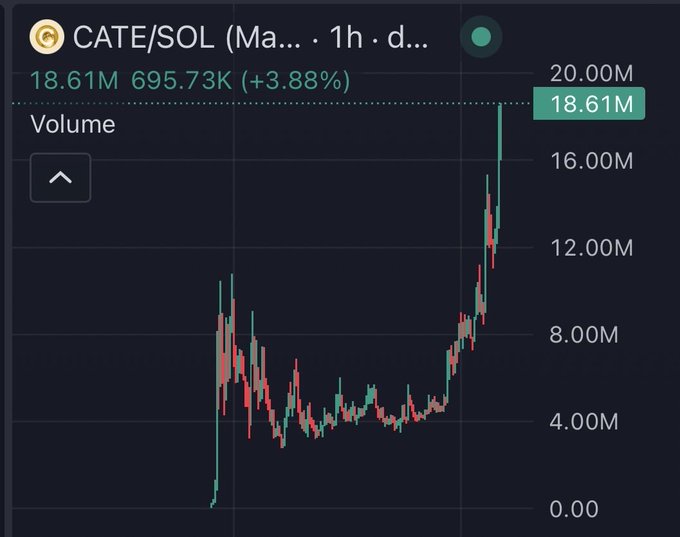 The image shows a 1-hour candlestick chart of CATE/SOL volume on a Solana-based exchange, currently displaying 18.61M with a +3.88% gain, featuring a massive recent volume spike reaching nearly 20M. This visually confirms the post's excitement about a "giga candle," as the chart clearly depicts an enormous surge in trading volume for $CATE on the SOL pair.