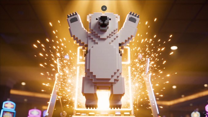 A voxel-style white polar bear character stands with arms raised on a podium with fireworks and sparks erupting behind it in a dark arena setting.