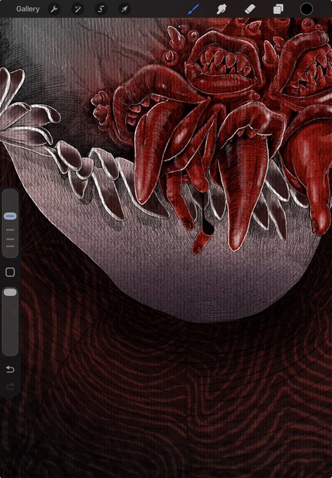 A digital drawing in an art app showing a dark, monstrous creature with sharp white teeth and red, dripping tongue-like appendages.