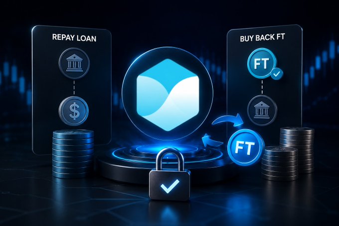 The image features two stacks of coins with a blue hexagon logo in the center. The coin stack on the left has a dollar sign symbol, while the one on the right has an FT symbol. The text "Repay Loan" is displayed above the coin stack with the dollar sign, and "Buy Back FTM" is written below it. The image also includes a lock and a padlock in front of the coin stacks, suggesting that they are part of a security system or a digital wallet.