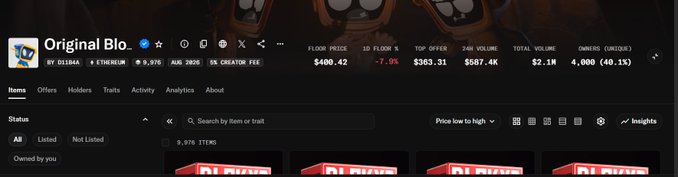 A dark-themed NFT marketplace interface displaying a collection called 'Original Blo...' on the Ethereum network with a floor price of $400.42 and a 7.0% drop over 1D.