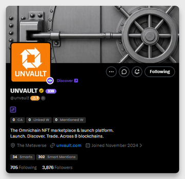 This image shows the Twitter profile of "UNVAULT", an Omnichain NFT marketplace and launch platform that supports 8 blockchains. The profile reinforces the accompanying post's description of UNVAULT's multi-chain capabilities.