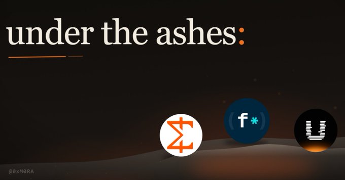 A graphic titled 'under the ashes:' featuring three crypto/project logos— what appears to be a Zora icon, a Fractional (f*) icon, and a Uplink (U) icon—on a dark background, credited to @0xM0RA.