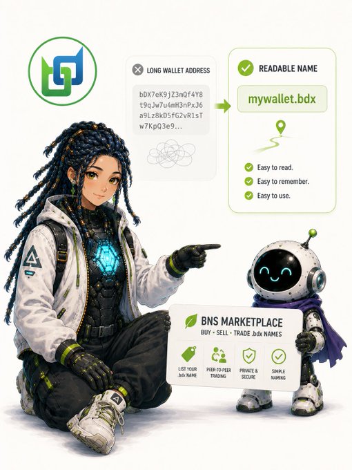 An anime-style illustration shows a young woman with dreadlocks and a robot pointing to a BNS Marketplace graphic that converts long wallet addresses into readable names like 'mywallet.bdx'.