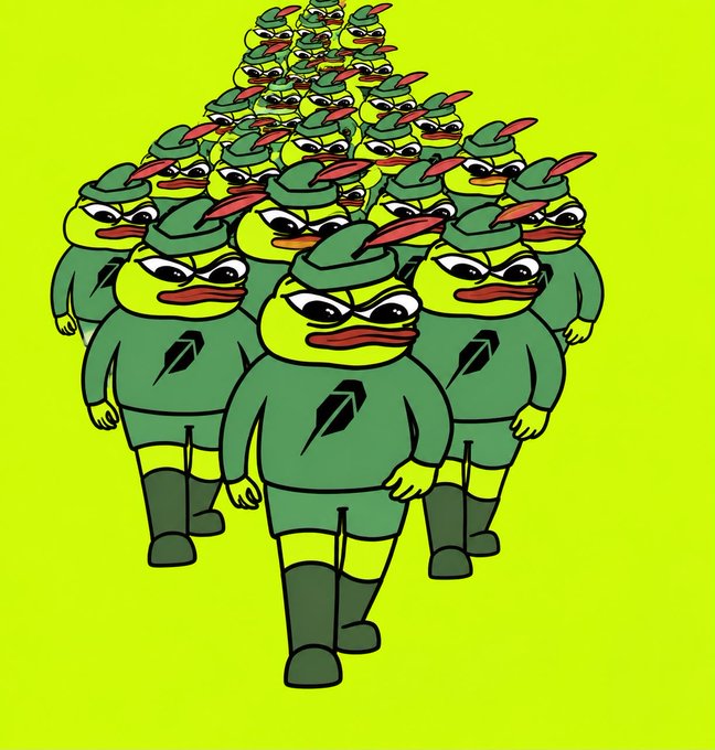 The image shows a legion of identical duck characters dressed in green superhero-style costumes with the Robin Hood-like feathered caps, marching forward in formation. This army of ducks visually reinforces the "$PENPE HOOD strong" caption by depicting a powerful, unified force—symbolizing strength and momentum behind the $PENPE token and its "HOOD" identity.