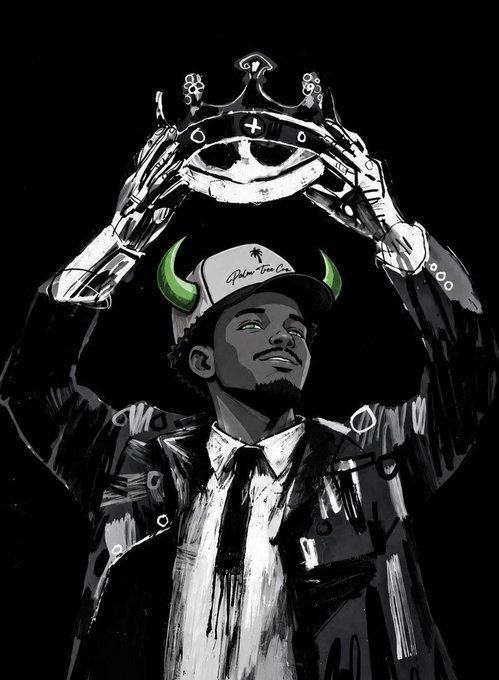 A black-and-white digital illustration of a stylized figure wearing a cap with green horns, holding a crown above his head, and surrounded by symbols including a Playboy bunny.