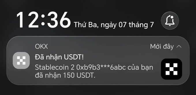 A smartphone notification at 12:36 PM on Tuesday, July 7 shows an OKX alert confirming the receipt of 150 USDT stablecoin to wallet address 0xb9b3***6abc, which the user flexed as a small win to thank Web3 and motivate continued effort.