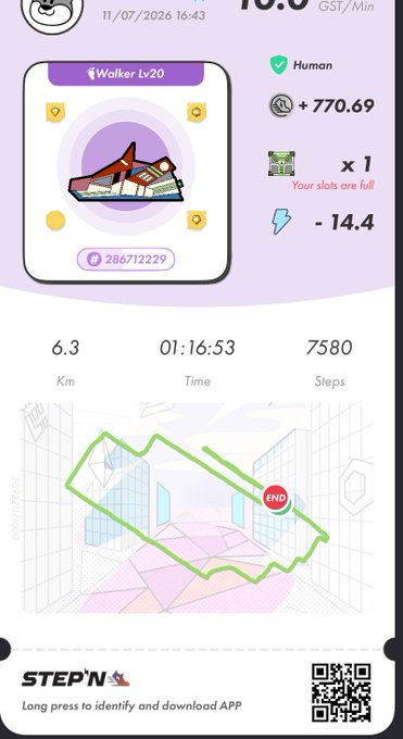A StepN app screenshot from 11/07/2026 shows a Walker Lv20 sneaker NFT with 6.3 km, 01:16:53 time, and 7580 steps recorded on a 3D map route.