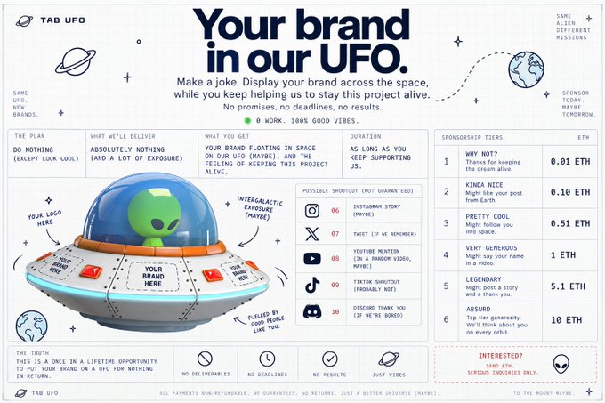 A satirical advertisement titled 'Your brand in our UFO' by 'TAB UFO' offers sponsorship tiers in ETH (ranging from 0.01 to 10 ETH) to display brands on a UFO, with sections like 'WHY NOT?' and 'VERY GENEROUS'.