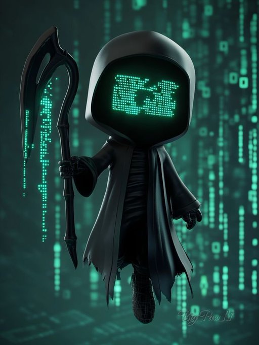 A dark, hooded figure resembling a grim reaper holds a scythe, with a digital face displaying "ES3" against a green matrix-style code background.