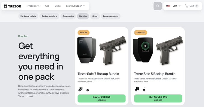 The image shows Trezor's website advertising hardware wallet bundles that pair cryptocurrency security devices (Trezor Safe 7 and Trezor Safe 5) with Glock 43X 9mm semi-automatic pistols—listed at $815 and $695 respectively. This visually supports the post's claim that Trezor is "not fking around anymore," highlighting the company's dramatic shift toward extreme personal security marketing by bundling firearms with crypto cold storage.