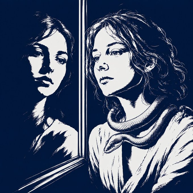 A monochromatic blue-toned illustration of a woman standing before a mirror with a snake draped around her neck, while her reflection appears plain.