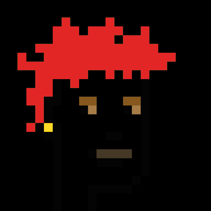Pixel art of a character with red hair, glowing gold eyes, and a gold earring against a black background.