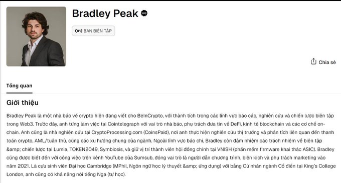 A LinkedIn-style profile introduction for Bradley Peak identifies him as an author with a crypto focus, the son of BeInCrypto co-founders, and a former columnist at Cointelegraph and editor-in-chief at CoinsPaid.