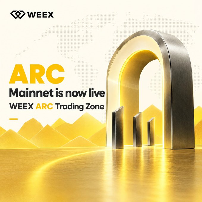 A promotional graphic for WEEX cryptocurrency exchange announces the launch of the "ARC Mainnet" alongside the new "WEEX ARC Trading Zone," featuring the WEEX logo in the top left corner and the bold yellow "ARC" headline alongside a metallic arch sculpture set against a golden background with a faint world map and mountain silhouettes, tying into the post's announcement of trending assets like ARGUS and COOL now being available for trading on the platform.