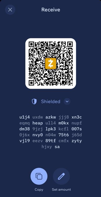 A smartphone screenshot of a 'Receive' page displaying a Zcash (Z) QR code, a 'Shielded' wallet address, and options to Copy and Set amount.