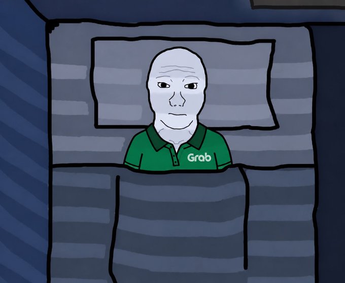 A Wojak-style bald character wearing a green "Grab" polo shirt lies in bed under a blanket, depicted in a melancholic manner. The image humorously relates to the post about the average ETH purchase price being $4,500, visually representing the sadness and regret of crypto investors who bought Ethereum at that high price.
